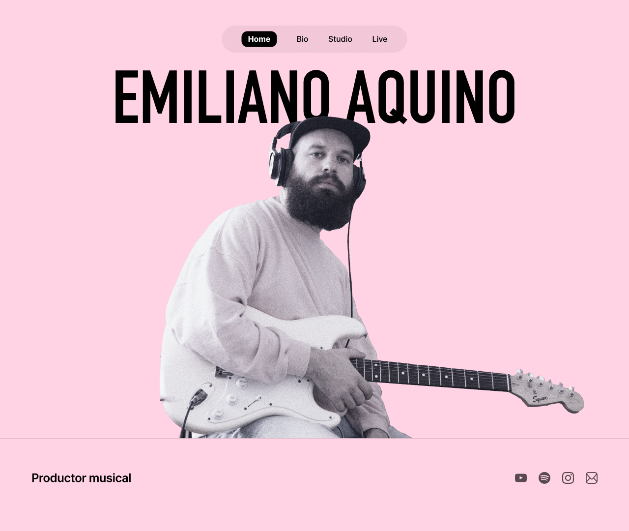 Website design for musician Emiliano Aquino — his name in bold black display type over a photo of him seated playing an electric guitar, on a soft pink background.
