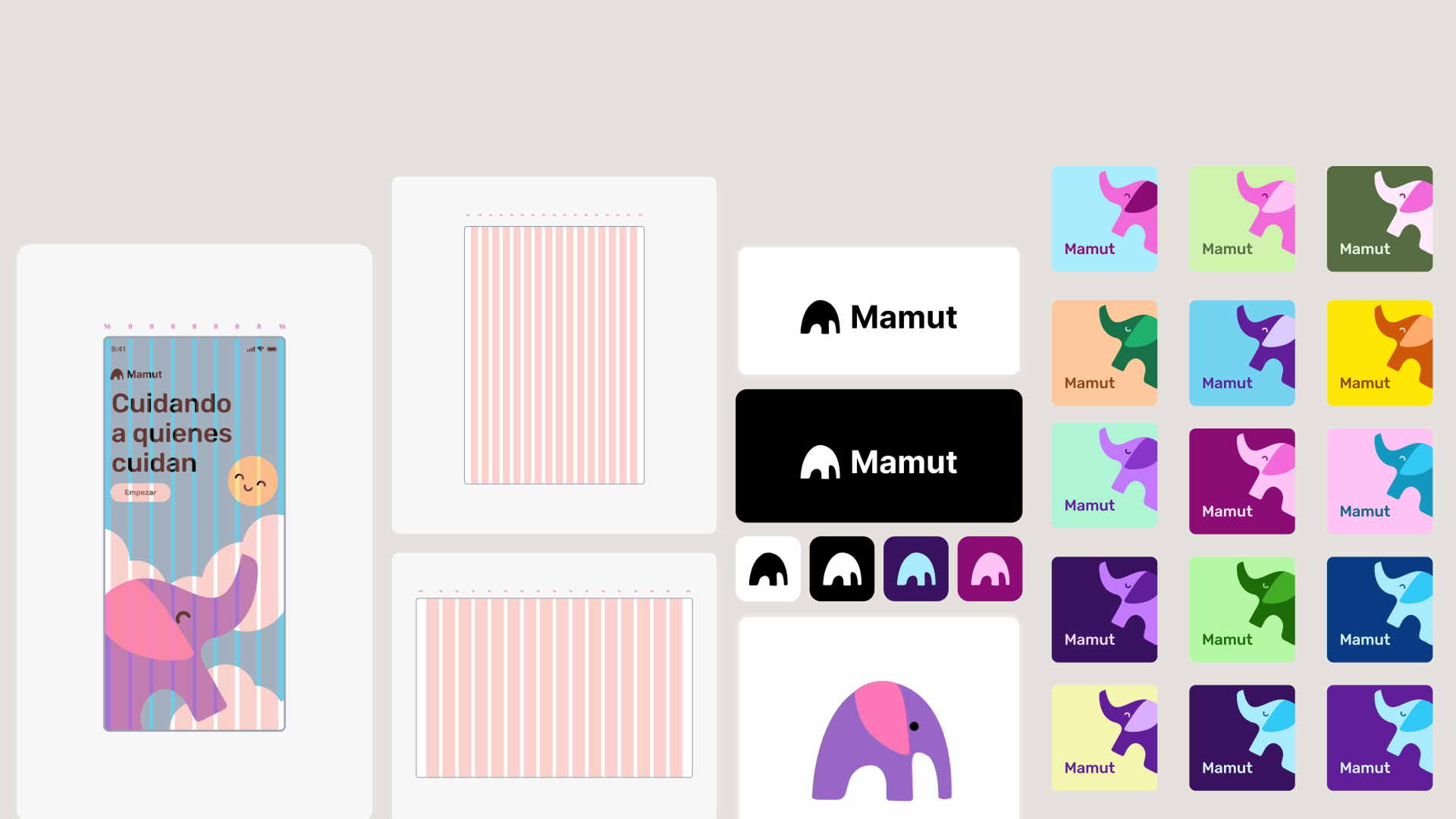 The Mamut brand system: the wordmark lockup on white and black, a striped pattern in dusty pink and light blue, the standalone mammoth mark in four colourways, and an app-icon grid showing the mammoth mark on fifteen different background colours.