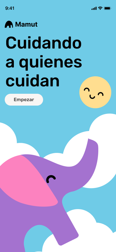 Mamut app splash screen: the mammoth logo and wordmark, the headline ‘Cuidando a quienes cuidan’, an ‘Empezar’ button, a smiling sun, and a purple and pink mammoth mascot on a teal background.