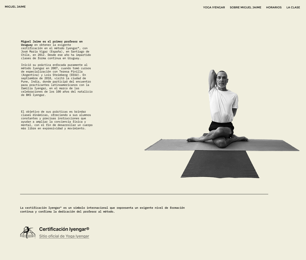 Website for yoga teacher Miguel Jaime — a minimal editorial layout with a black-and-white photo of a person seated in a lotus yoga pose on a mat, beside blocks of Spanish text and an Iyengar certification note.