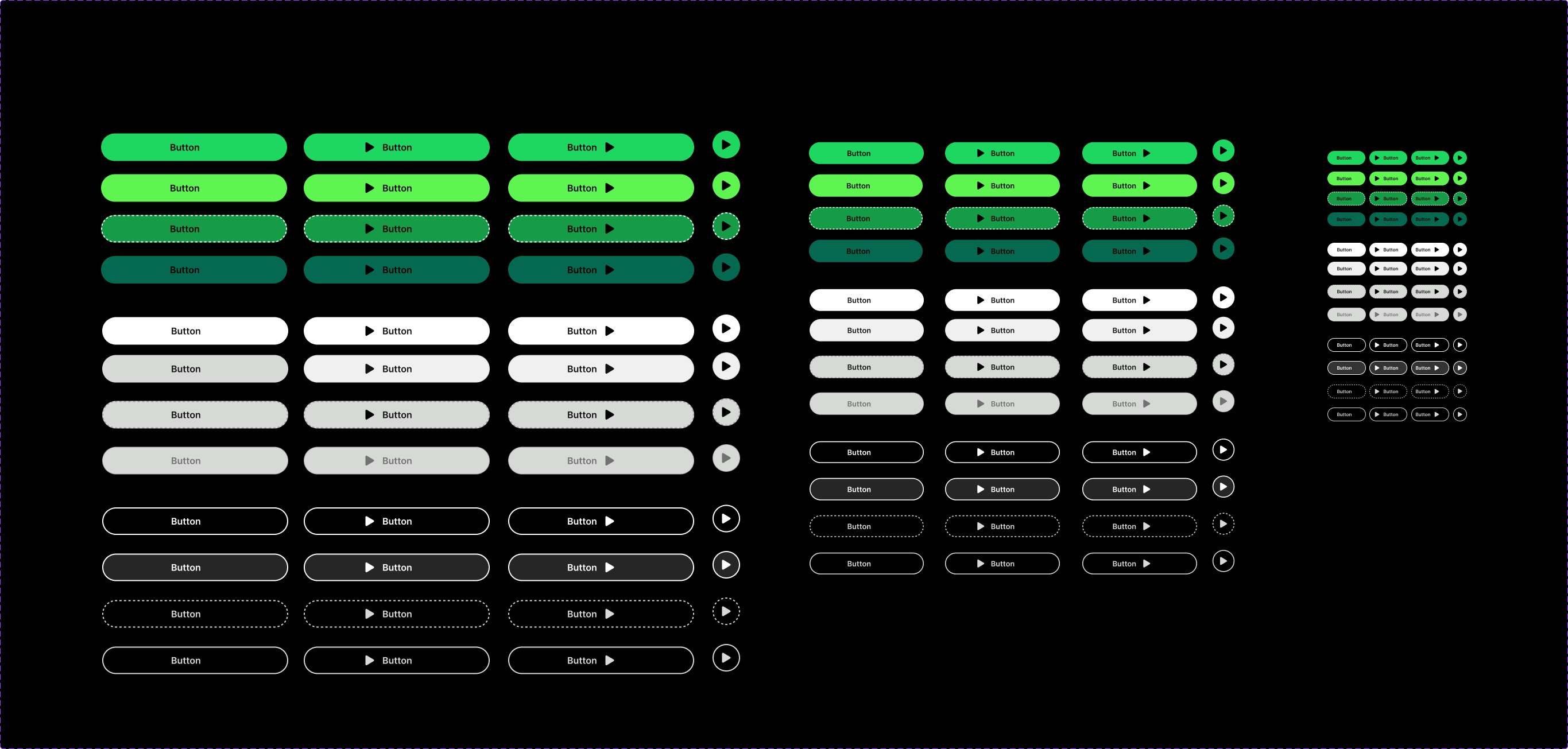 The button component documented as a system: rounded, icon-leading, icon-trailing, and icon-only shapes, each in six colour steps from bright green to dark teal, across default, hover, focus, active, and disabled states, then repeated in white/grey and outlined black variants at three sizes.