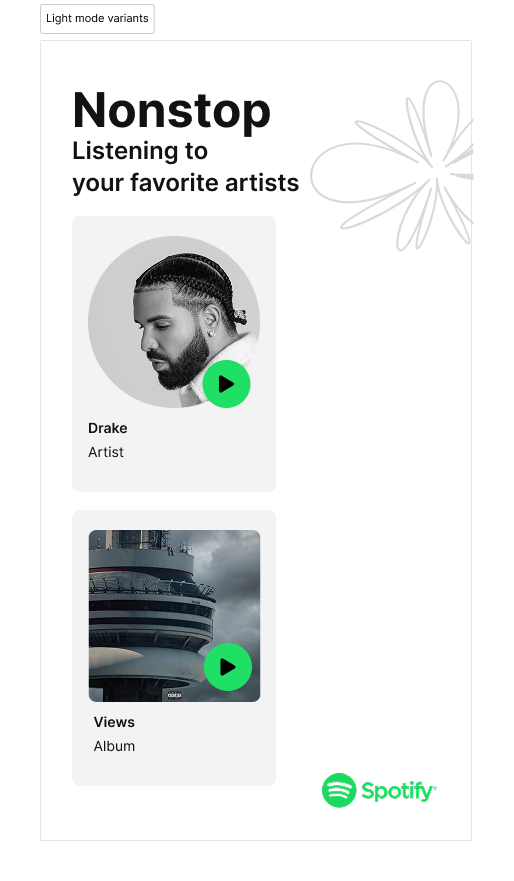 Spotify light mode: the Nonstop screen on a white background, with a Drake artist card and a Views album card, each with a green play button.