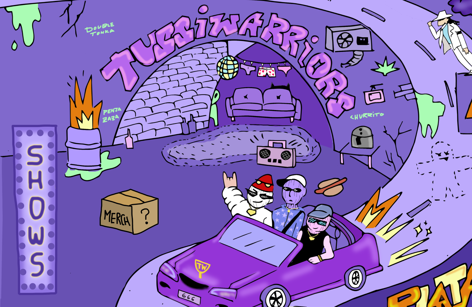 E-commerce site for the band Tussiwarriors — a hand-illustrated purple cover scene with the band name in graffiti lettering, cartoon characters riding in a convertible, and playful 'Shows' and 'Merch' labels.